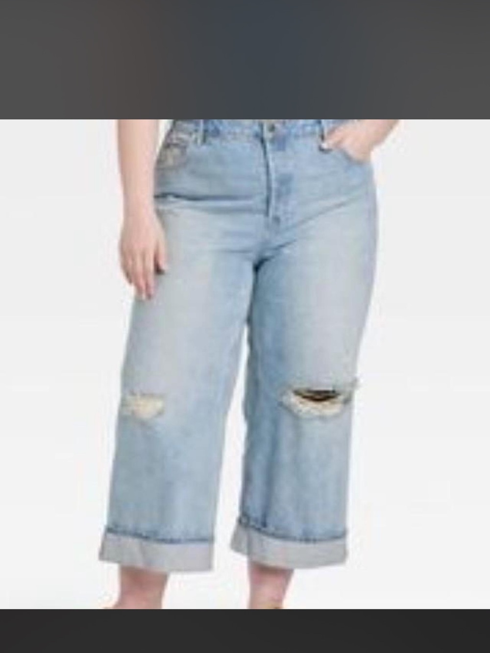 Light Blue Distressed Wide-Leg Crop Jeans - Women's